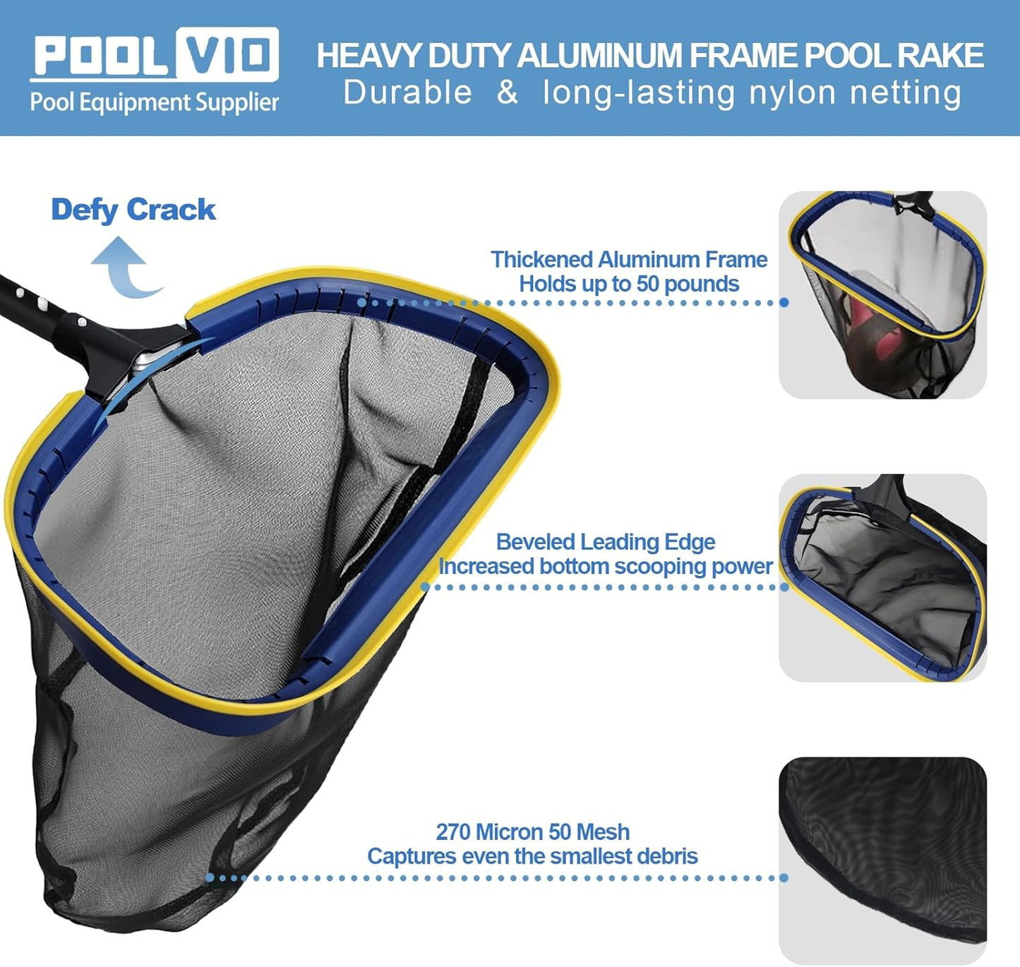 Poolvio 5-in-1 Pool Cleaning Kit - Semi-Deep Skimmer Net, Aluminum Leaf Rake & 20' Brush with 13ft Pole