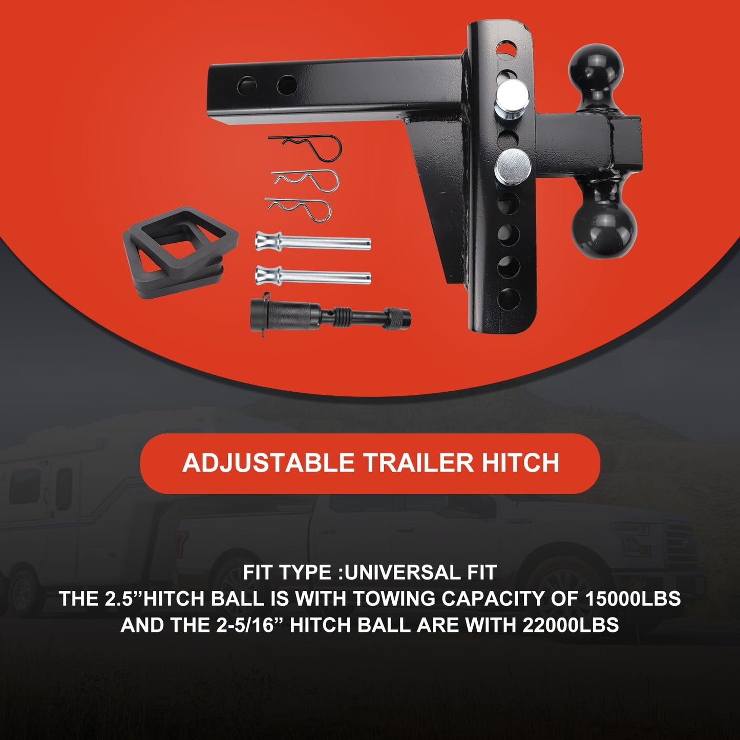 Adjustable Trailer Hitch Fits 2.5 Inch Receiver 6 Inch Drop/Rise, 2 & 2-5/16 Ball Hitches for Trucks, 22000 LBS GTW, Drop Hitch Tow Hitch Trailer Hitches with Anti-Theft Pin Solid Ball Mount