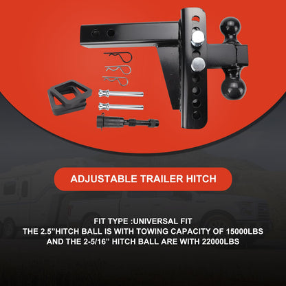 Adjustable Trailer Hitch Fits 2.5 Inch Receiver 6 Inch Drop/Rise, 2 & 2-5/16 Ball Hitches for Trucks, 22000 LBS GTW, Drop Hitch Tow Hitch Trailer Hitches with Anti-Theft Pin Solid Ball Mount