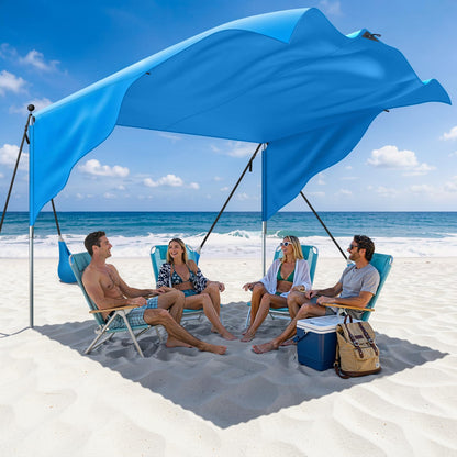 MoKo Beach Shade Canopy, 100 Sq.Ft. Wind-Supported Sunshade Sail for 4-6 People, Lightweight Easy Setup Beach Tent with UPF 50+ Sun Protection for Family Travel Coastal Trips, Blue