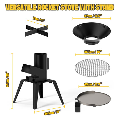 ONLYFIRE GRILLS 3-in-1 Camp Rocket Stove Kit with BBQ Grate, Griddle, Pot Rack, Portable Wood Burning Stove with Detachable Stand, Camping Gear for Outdoor Cooking Patio Barbecue RV Tailgating, GS345
