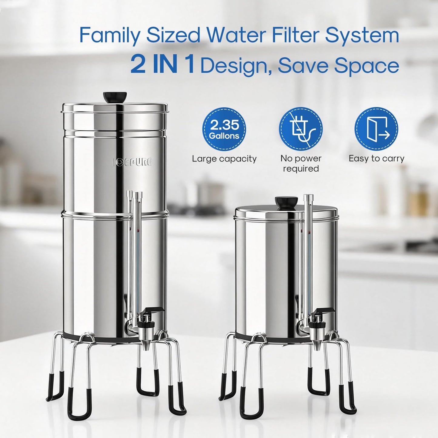ICEPURE 2.25G Gravity-fed Water Filter System with Sight Glass Spigot, 304 Stainless Steel Countertop System, 2 Black Carbon Filters and Stand, Reduce 99% Chlorine, Lead for Home, Camping, Emergencies