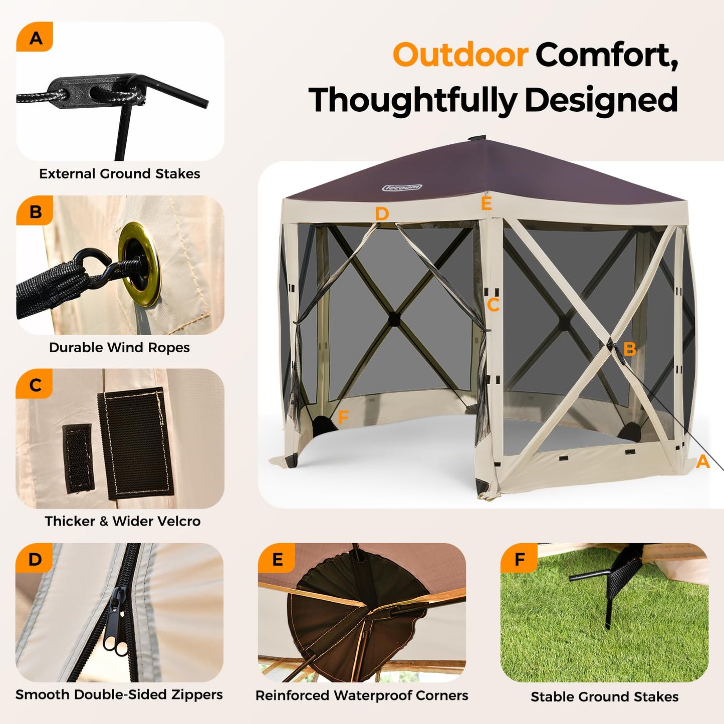 Tecoom 6-Sided Pop Up Gazebo Tent, Screen House with Mosquito Netting Canopy for Camping, 10x10ft Portable Sun Shelter Removable Siedwalls for Outdoor, Garden, Activities, Khaki