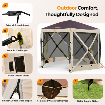 Tecoom 6-Sided Pop Up Gazebo Tent, Screen House with Mosquito Netting Canopy for Camping, 10x10ft Portable Sun Shelter Removable Siedwalls for Outdoor, Garden, Activities, Khaki