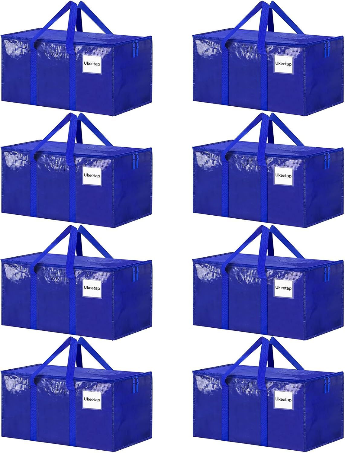 Skiennix Extra Large Heavy-Duty Moving Bags - 8 Pack with Reinforced Handles & Zippers | Blue Storage Totes for Clothes & Dorm Supplies