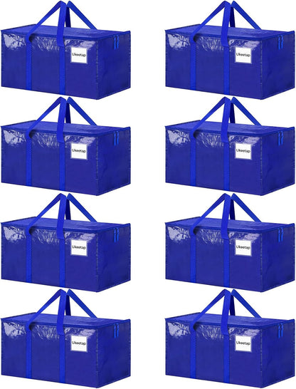 Skiennix Extra Large Heavy-Duty Moving Bags - 8 Pack with Reinforced Handles & Zippers | Blue Storage Totes for Clothes & Dorm Supplies