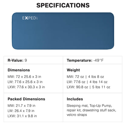 Exped DeepSleep Mat Single MW - Self Inflating Firm Car Sleeping Mat, 3” Foam Pad, Pump Included