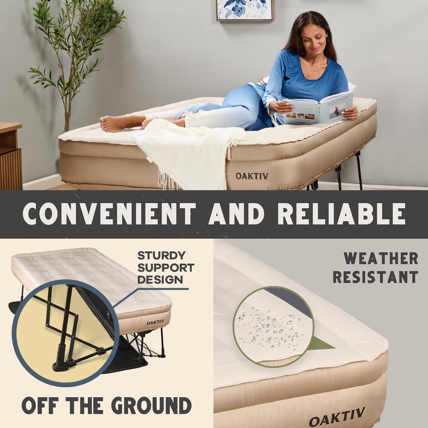 Oaktiv Twin Air Mattress with Frame, Self Inflating/Deflating Bed for Adults - PeakRest Blow Up Bed, Camping Cot with Mattress - Portable with Travel Rolling Case on Wheels
