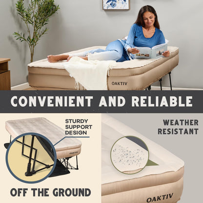 Oaktiv Twin Air Mattress with Frame, Self Inflating/Deflating Bed for Adults - PeakRest Blow Up Bed, Camping Cot with Mattress - Portable with Travel Rolling Case on Wheels