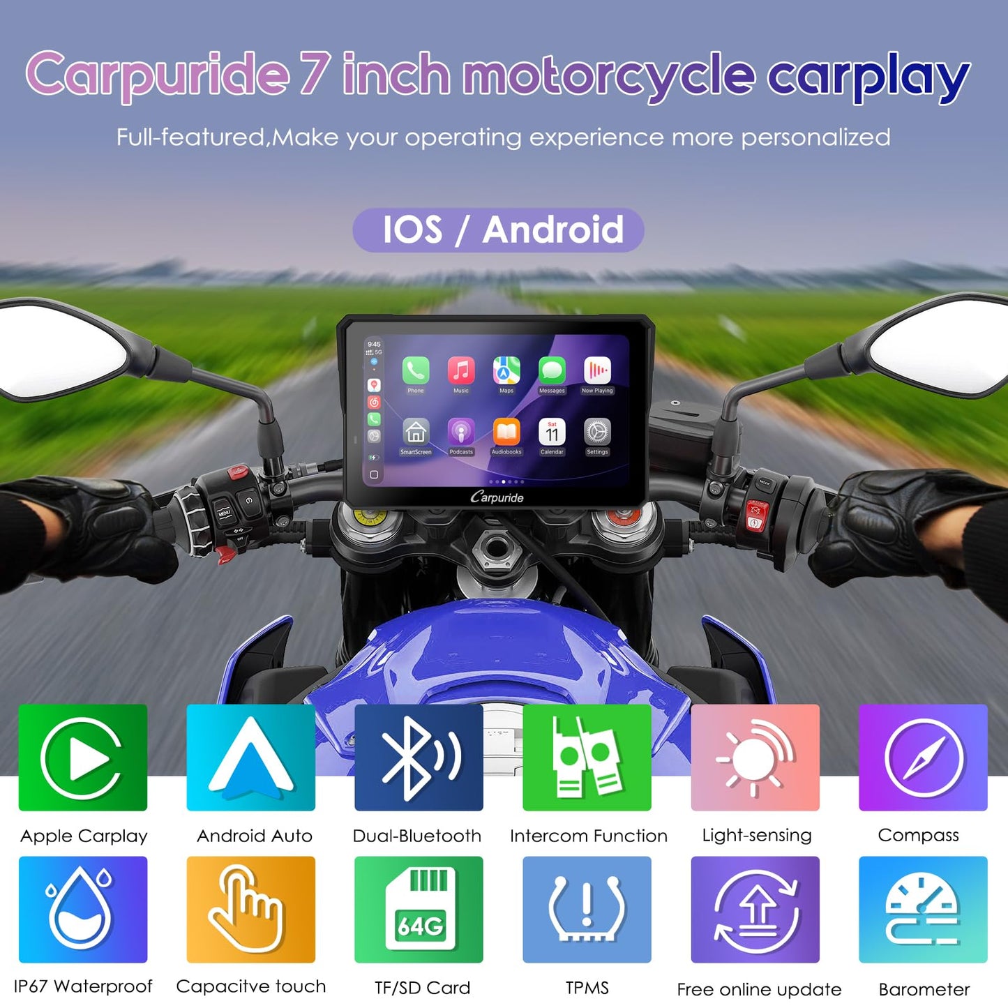 Carpuride W702T PRO 7" Waterproof GPS Navigation Screen for Motorcycle with CarPlay & Android Auto & TPMS & Dual Bluetooth, Music Sharing, Intercom, EQ, Light Sensor, Compass, Barometer