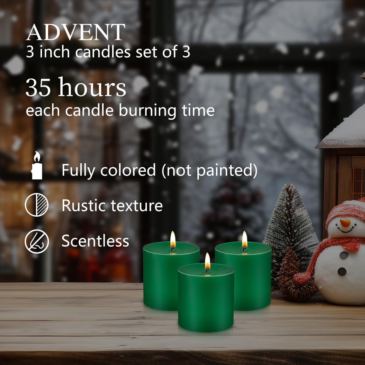 Set of 3 Dark Green Pillar Candles 3" x 3" Unscented for Weddings Christmas Home Holidays Relaxation St Patrick's Day Church