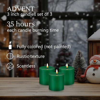 Set of 3 Dark Green Pillar Candles 3" x 3" Unscented for Weddings Christmas Home Holidays Relaxation St Patrick's Day Church