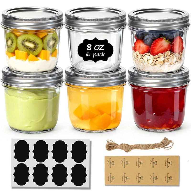 ComSaf Wide Mouth Mason Jars with Lids 8 oz 6Pcs, Half Pint Small Mason Containers, Canning Jars for Jam, Jelly, Meal Prep, Overnight Oats, Yogurt Parfait, Shower Wedding Favors, DIY Candles Decor