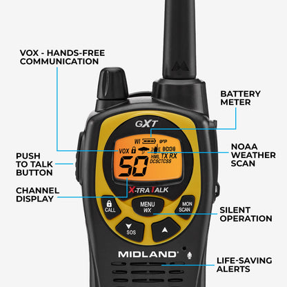 Midland GXT1030VP4 GMRS Two-Way Radio (50-Channel, Long Range, 142 Privacy Codes, SOS, NOAA, Rechargeable Nickel Battery, Black/Yellow, 2-Pack)
