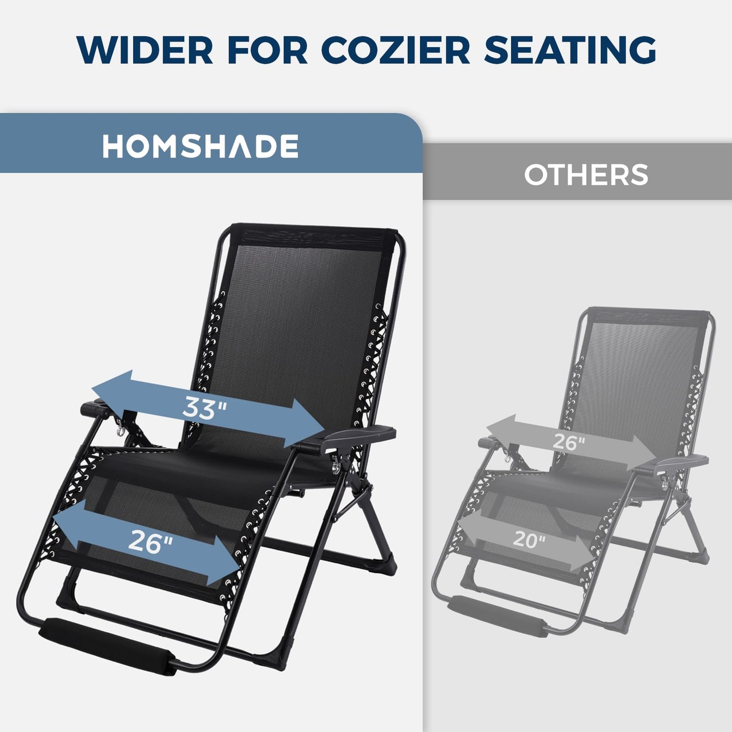 HOMSHADE Oversized Zero Gravity Chair, 33In XXL Outdoor Recliner Chair w/Removable Cushion&Headrest, Reclining Patio Chairs for Indoor, Camping Lounge Chair with Footrest, Support 500LBS, Black