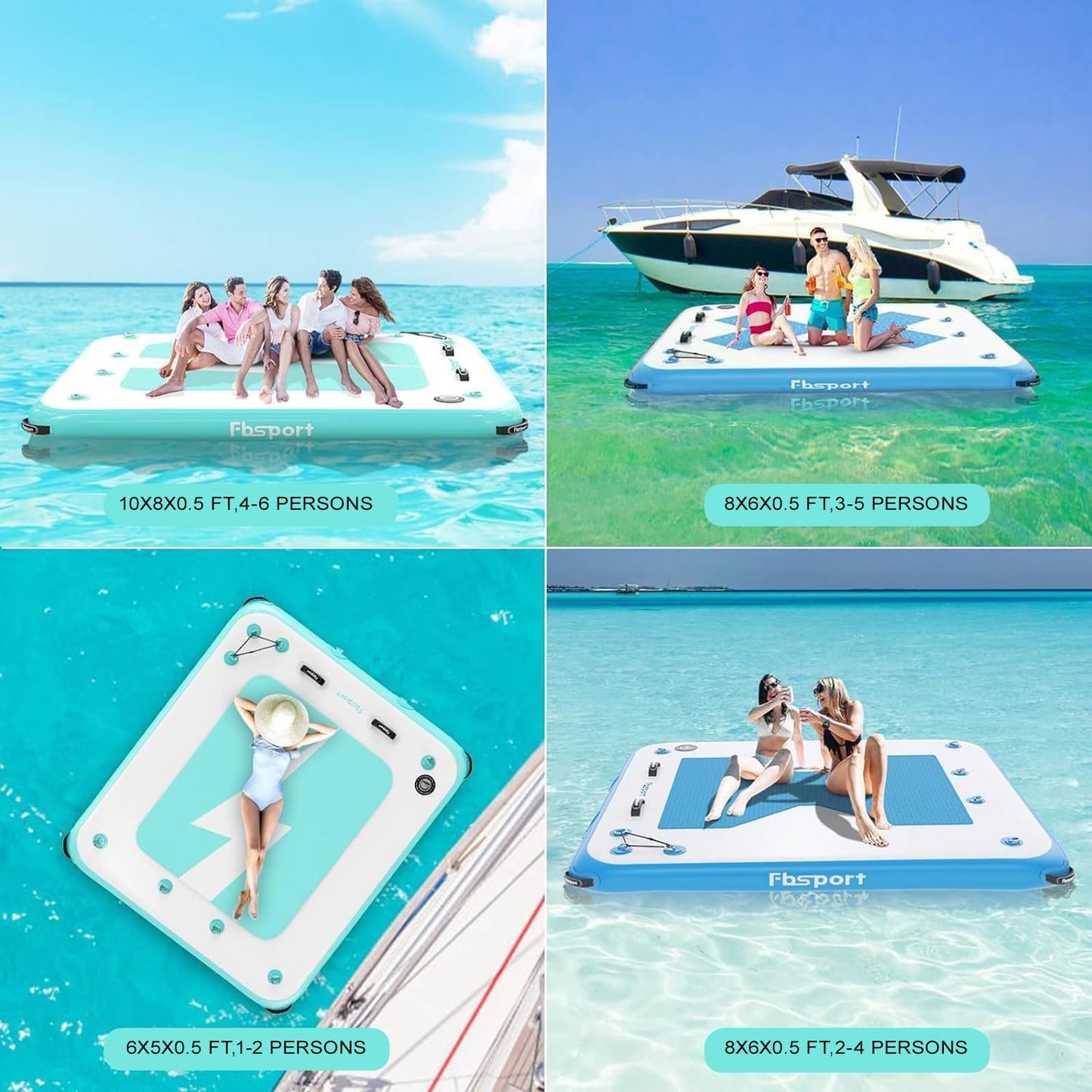 FBSPORT Inflatable Floating Dock Lake Floats for Adults, Floating Docks Platform Island Raft, Non-Slip Inflatable Water Dock Mat for Pool Beach Ocean, 6x5ft Green Lighting
