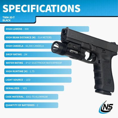 Nightstick TWM-30-T Full Size Turbo High Candela Handgun Light - 2 CR123 - Black