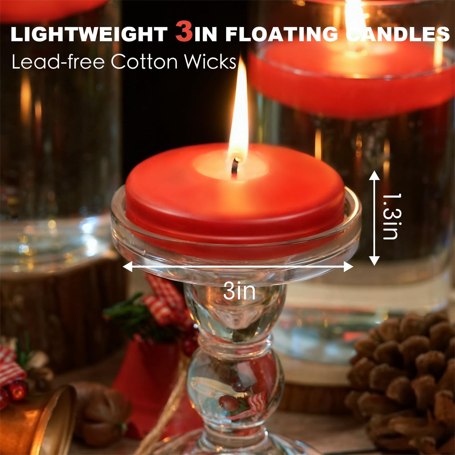 GINITIRI 12 Pack Red Floating Candles 3 inch, Unscented Traditional 3" Floating Candles for Centerpieces,7 Hours Burning, Red Water Candles for Cylinder Vases, Wedding, Party, Pool