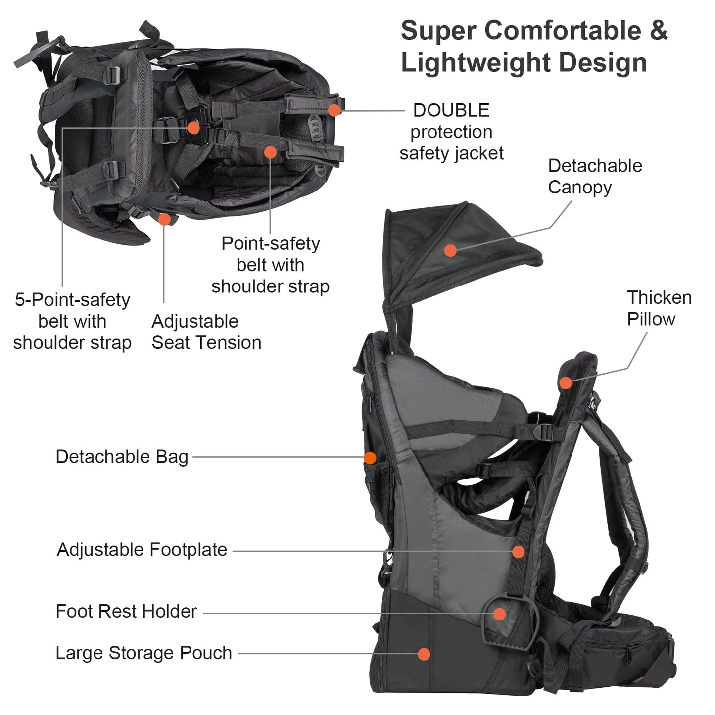Baby Backpack Carrier, Safe Toddler Hiking Backpack Carrier Camping Child Carriers with Rain Cover Child Kid Sun Shade Large Storage Insulated Pocket, Adjustable Padded Children Seat