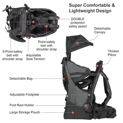 Baby Backpack Carrier, Safe Toddler Hiking Backpack Carrier Camping Child Carriers with Rain Cover Child Kid Sun Shade Large Storage Insulated Pocket, Adjustable Padded Children Seat