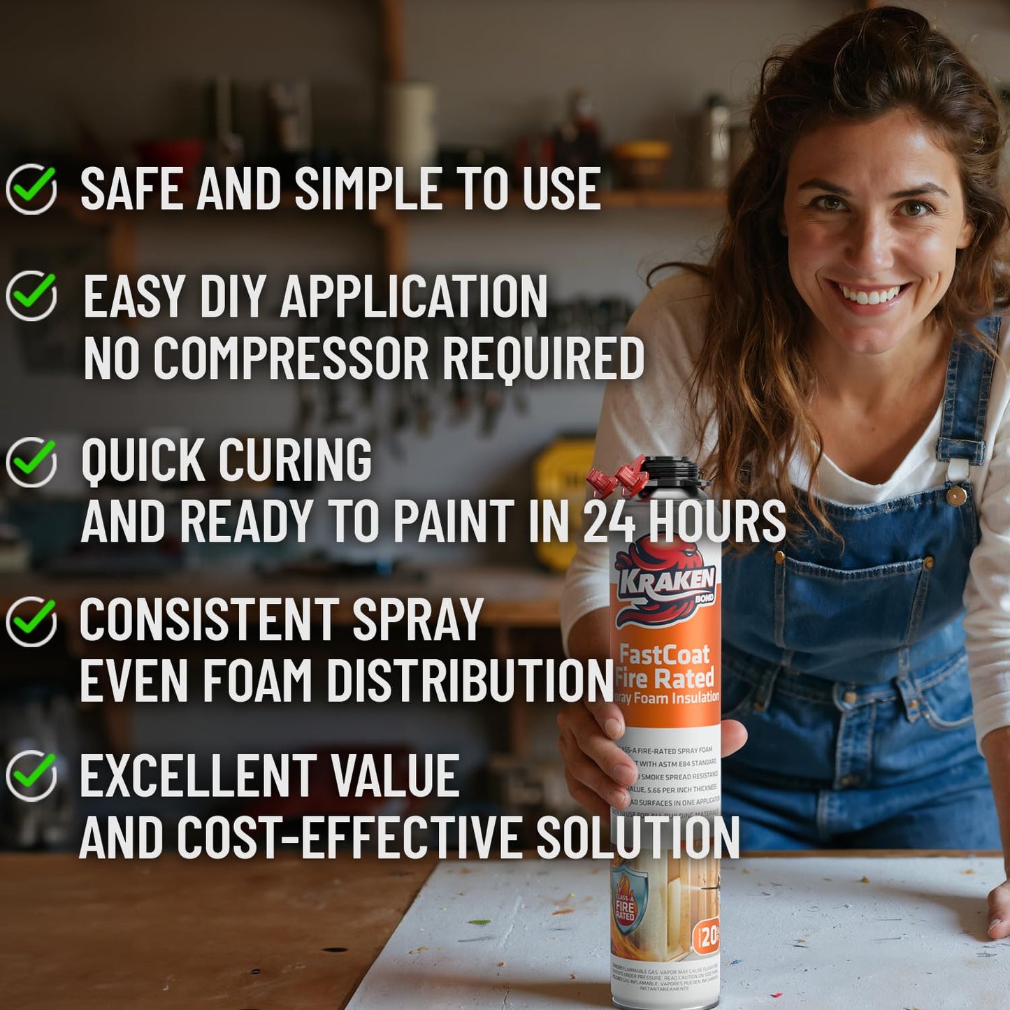Kraken Bond Fastcoat Fire Rated Spray Foam Insulation Kit Closed Cell in a Can 240 sq ft (12x27.1 oz.) (R-Value 11.32 / 2in) - Spray Foam for Garage Door, Attic, Wall Gun & Cleaner Included, 12 Pack