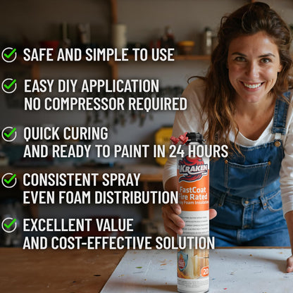 Kraken Bond Fastcoat Fire Rated Spray Foam Insulation Kit Closed Cell in a Can 240 sq ft (12x27.1 oz.) (R-Value 11.32 / 2in) - Spray Foam for Garage Door, Attic, Wall Gun & Cleaner Included, 12 Pack