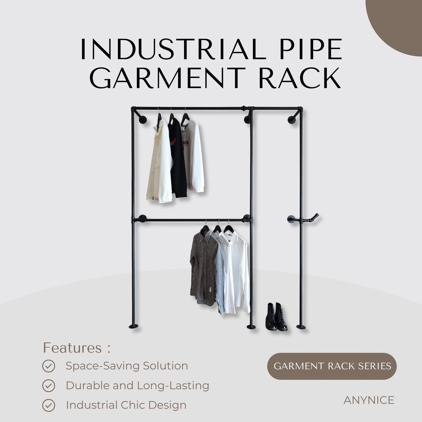 Anynice Black Industrial Pipe Clothing Rack 62.5" W Wall Mounted, Heavy Duty Iron Garment Rack 150 lbs per Rod, Open Closet Organizer for Bedroom Laundry Room Retail Display