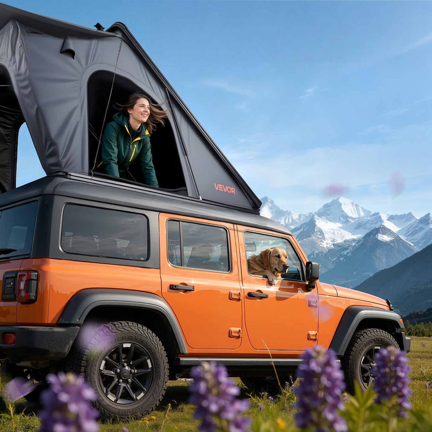 VEVOR Rooftop Tent Hard Shell, 2-3 Person Aluminum Roof Top Tent Hardshell with Tri-Color LED Light, Thick Mattress & 1 Window, Waterproof Windproof Overland Camping Car Roof Rack for Jeep SUV Pickup