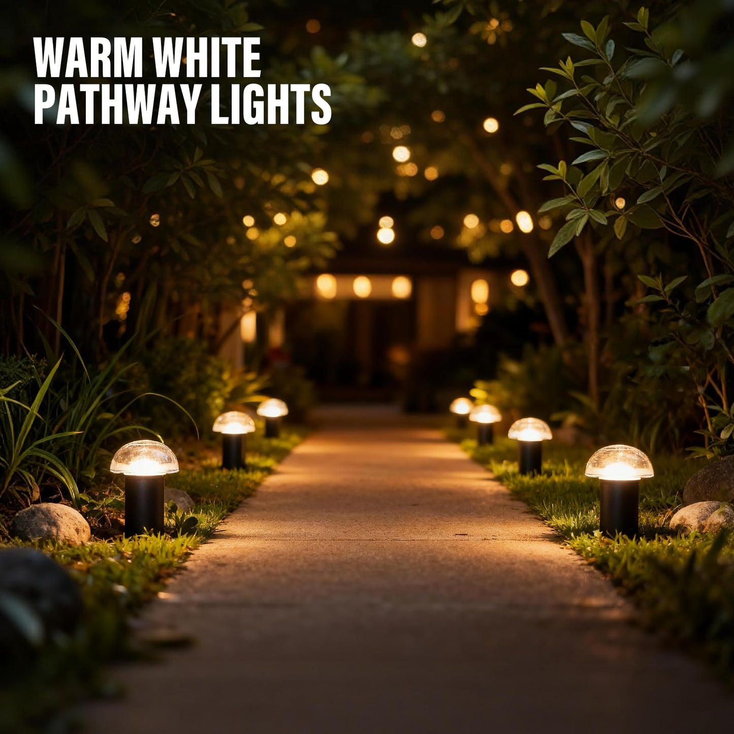 VENUS MANUFACTURING Low Voltage Landscape Pathway Lighting 6PK 1.5W LED Mushroom Lights 35Lumen Wired Walkway Light 3000K Warm White Driveway & Sideway Lights Metal Black Finish with Connector Stake