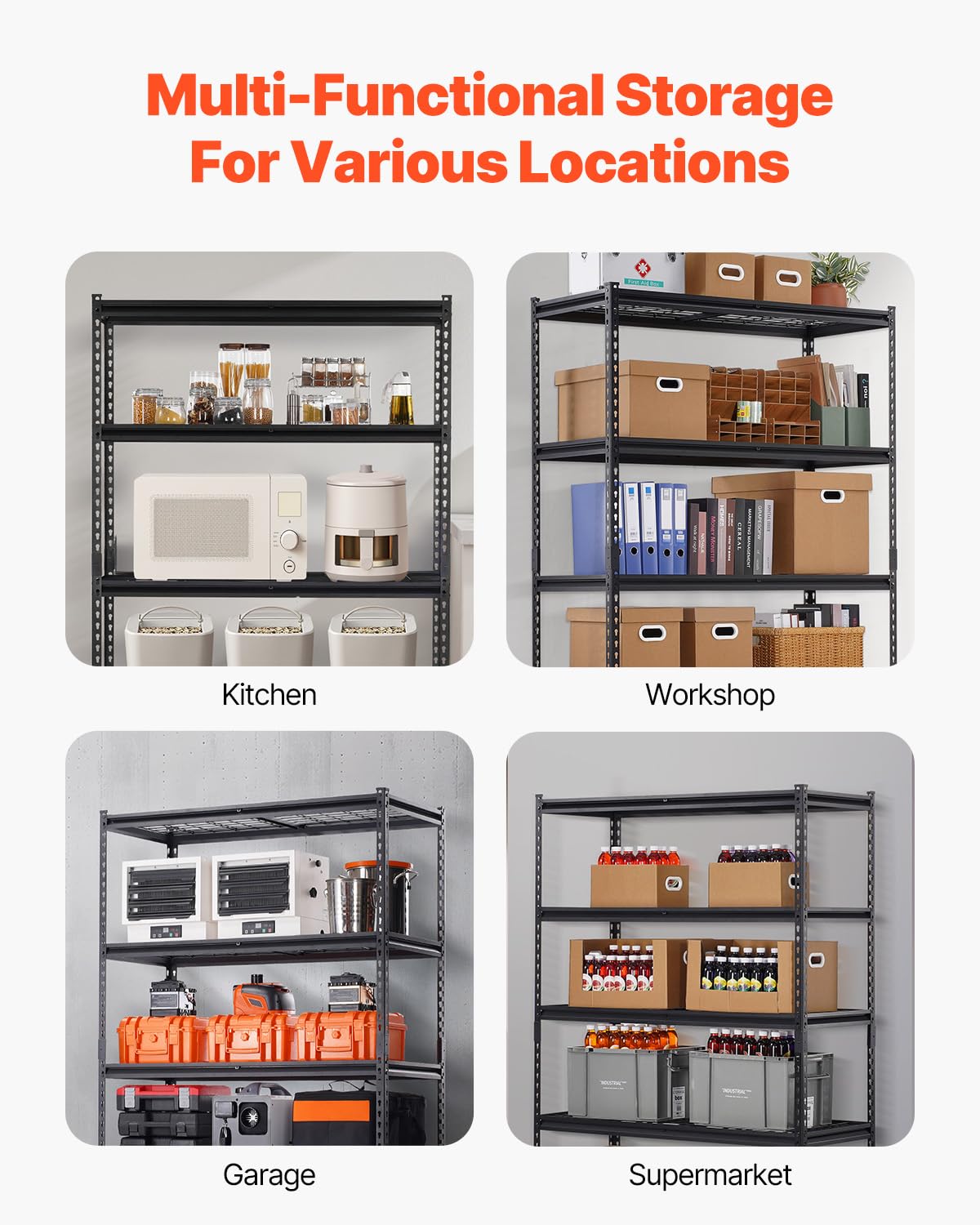 VEVOR Storage Shelves, 3000 lbs, 5 Tier Heavy Duty Garage Shelving, 20" D x 48" W x 72" H Adjustable Metal Shelves for Industrial Shelving Unit Utility Shelf, for Kitchen, Warehouse, Basement, Black
