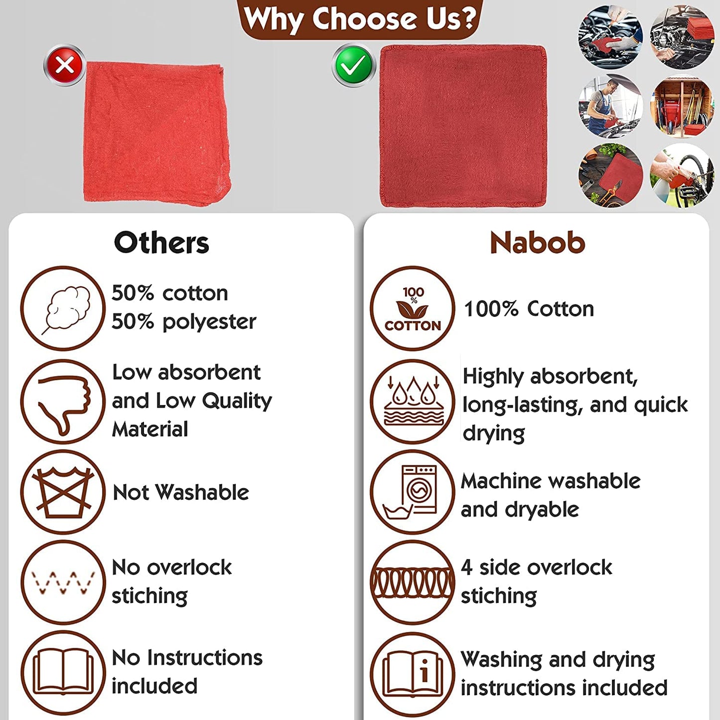 Nabob Wipers Auto Mechanic Shop Towels 500 Pack Bulk Shop Rags 100% Cotton Size 14"x14" Commercial Grade (500 Pack, Red)