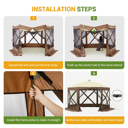 Pop Up Gazebo for Camping, 10x10ft Portable Outdoor Netting Canopy Shelter Tent, Folding Lightweight 6 Side Walls Screen House Tent with Storage Bag, Ground Stakes for Patio Backyard Party, Brown