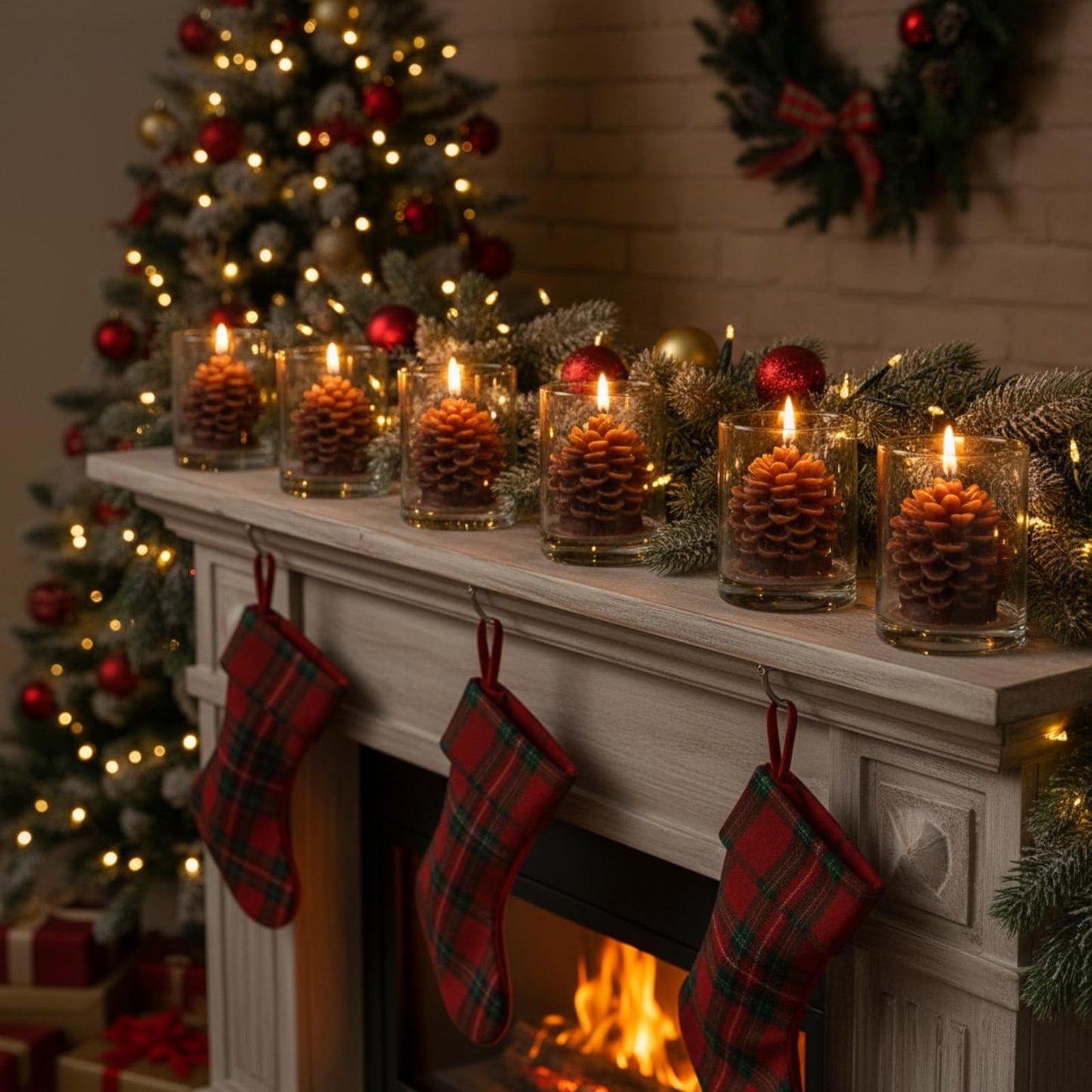 Riakrum 6 Sets Pine Cone Candles Flammable Acorn Decor with Straight Glass Container Real Wax Unscented Candle for Winter Holiday Decoration