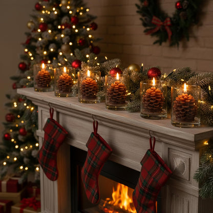 Riakrum 6 Sets Pine Cone Candles Flammable Acorn Decor with Straight Glass Container Real Wax Unscented Candle for Winter Holiday Decoration