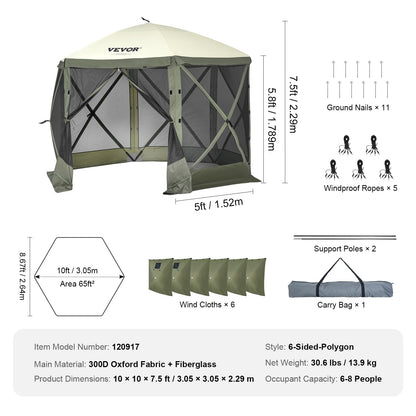 VEVOR Pop Up Gazebo Screen Tent 6 Sided Canopy Sun Shelter with 6 Removable Privacy Wind Cloths & Mesh Windows, 10x10FT Quick Set Screen Tent with Mosquito Netting, Army Green