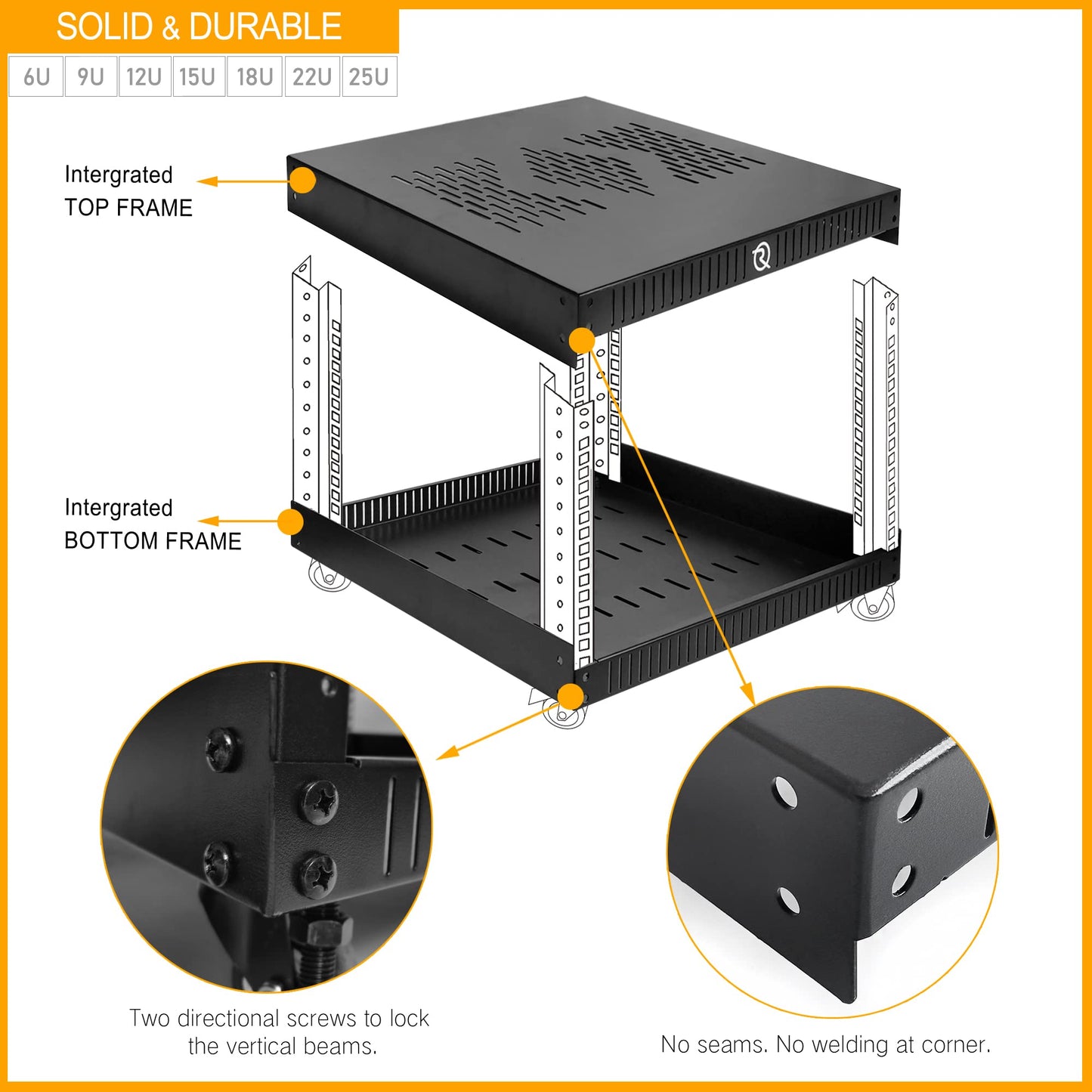 RIVECO 22U Network Rack with Top & Bottom Vented Plates 4 Rolling Wheels Floor Standing Rack for 19" Equipment & Stereo Gear Including 2PCS Rack Shelves & Rail Mount PDU &16" Depth Rack Shelves 2PCS