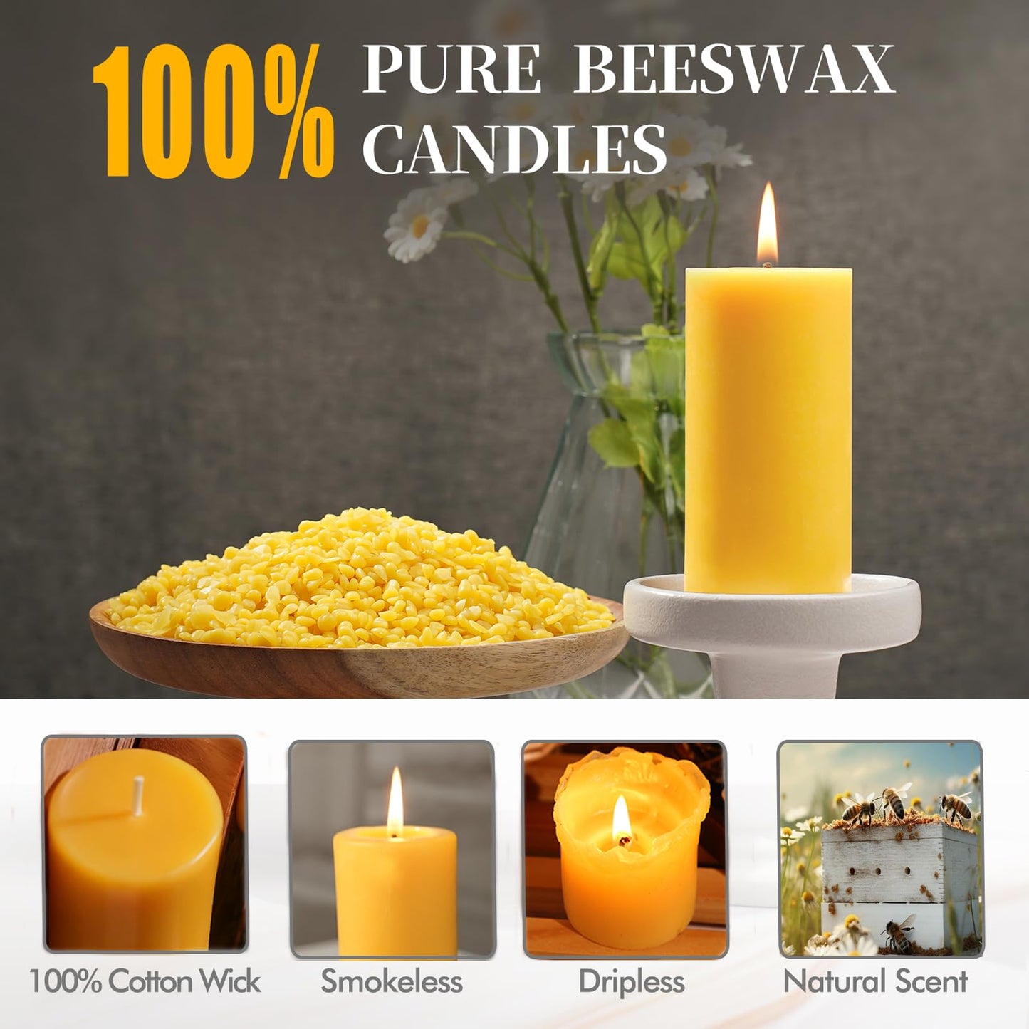 Beeswax Pillar Candles Set of 2, 70 Hours Long Burning, 100% Natural Beeswax Candles for Emergency, Pure Bees Wax for Home, Smokeless & Dripless