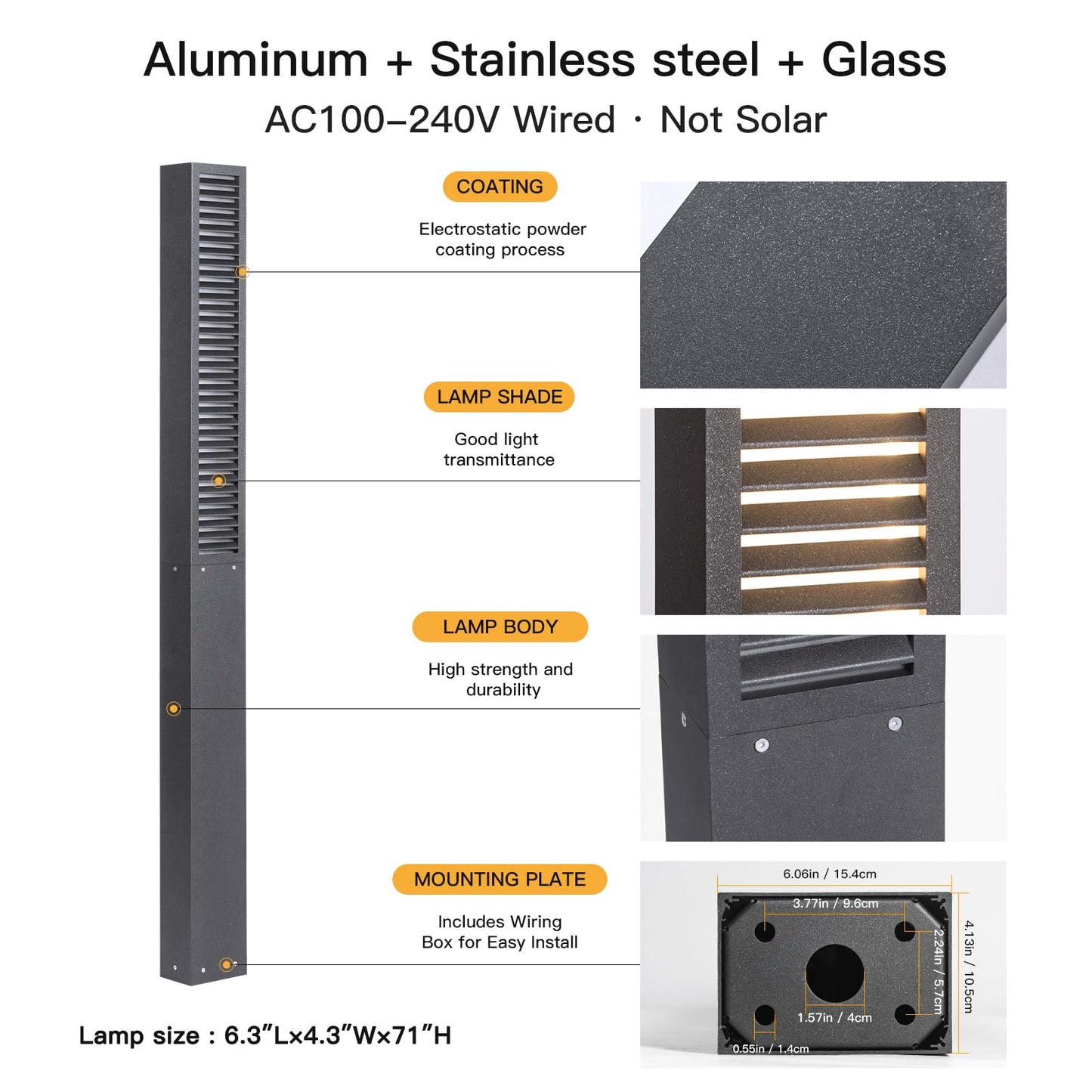 MVBT Landscape Path Lights AC100-240V, 71" Tall Driveway Lights Waterproof, Modern Pathway Light Wired, LED Bollard Light, Lawn Lamp 3000K Lighting for Yard Patio Garden Walkway Sidewalk Commercial