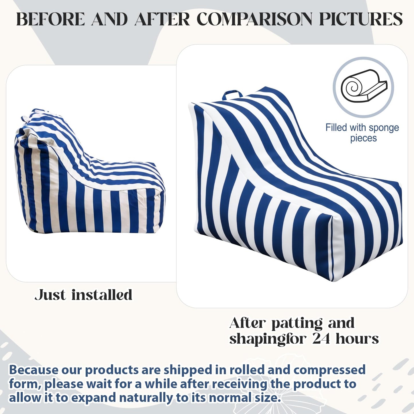 Briwooody Boat Bean Bag Chair Waterproof Outdoor Beanbag Chair Patio Lounge Comfy Lazy Sofa Couch Seating for Boat, Pool, Marine Balcony (Blue,White)