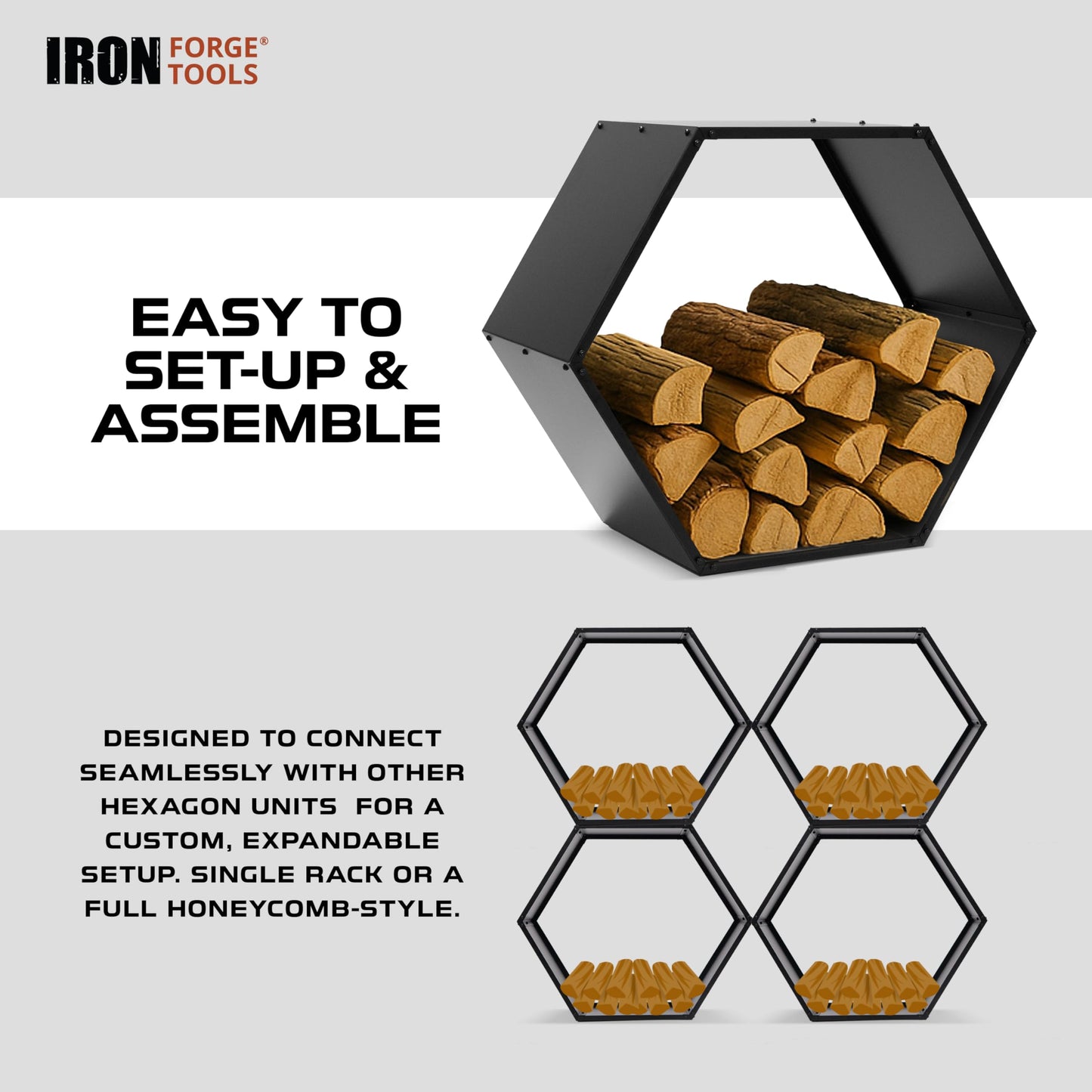 Iron Forge Tools Firewood Rack Outdoor Indoor Fire Wood Rack - 30 in. Hexagon Fire Log Holder, Powder Coated Steel Heavy Duty Firewood Holder Wood Storage Rack with Cover