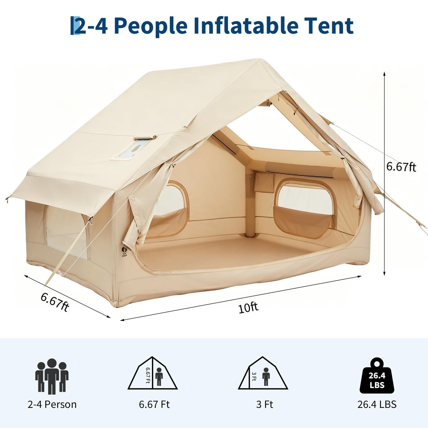 Inflatable Camping Tent for 2-6 Person, Quick Setup Blow Up Tent with Hand Pump, Waterproof 4 Season Air Glamping Tent with Skylight, Mesh Windows & Stove Jack, for Camping, Beach, Outdoor