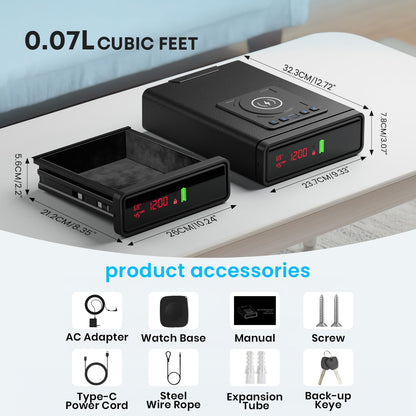 Biometric Fingerprint Gun Safe with Phone & Watch Wireless Charging, 3 Quick Access, Clock Handgun Safe with Adjustable Brightness, Backlit Keypad, Pistol safe for home, office.Gifts for Father's Day