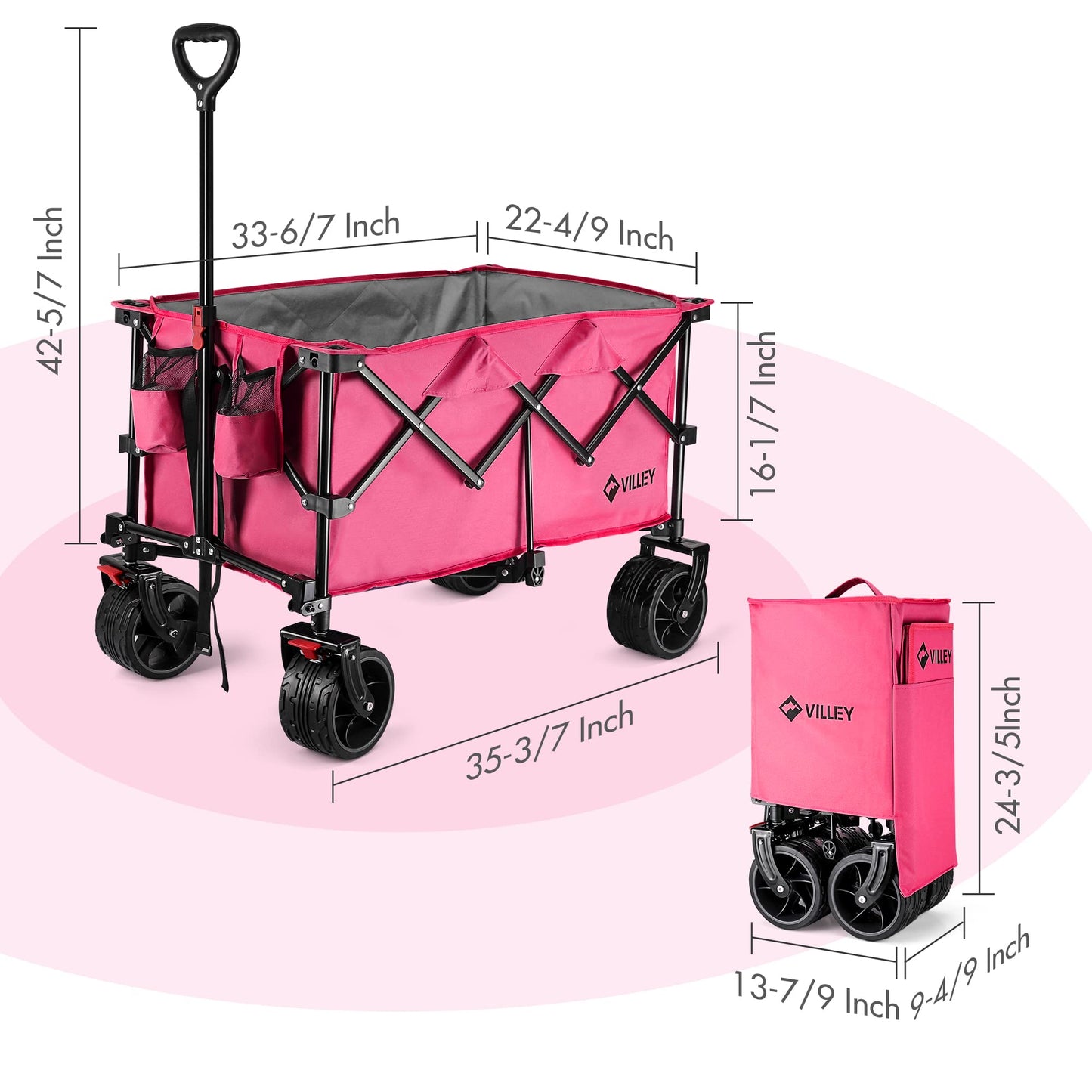VILLEY Collapsible Folding Wagon with Big Wheels, Enlarged 225lbs Capacity, All Terrain Wagons Carts Heavy Duty Foldable, Portable Utility Garden Cart with 2 Cup Holders and Brake, Pink.