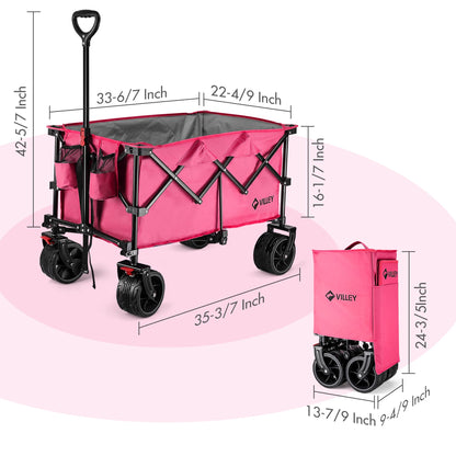 VILLEY Collapsible Folding Wagon with Big Wheels, Enlarged 225lbs Capacity, All Terrain Wagons Carts Heavy Duty Foldable, Portable Utility Garden Cart with 2 Cup Holders and Brake, Pink.