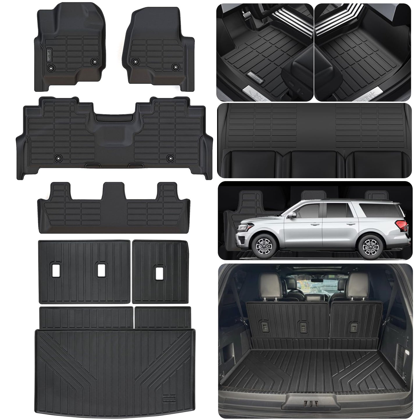 LJWAITO for 2018-2024 Ford Expedition MAX 8 Seats (2nd Row Bench Seat) Floor Mats with Cargo Liners & Backrest Mat,TPE All Weather Protection Full Set Automotive Accessories