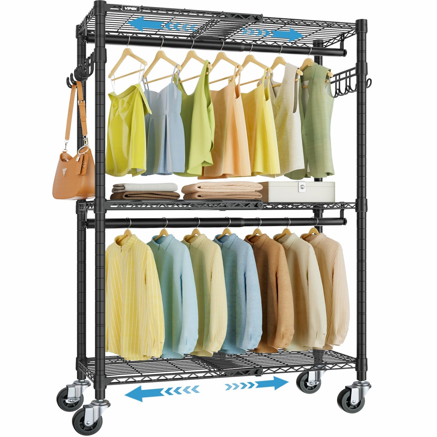 VIPEK R2X Expandable Portable Closet with Lockable Wheels, 600lbs Capacity Heavy Duty Rolling Clothes Rack w/Adjustable Shelves & Hanger Rod (2' to 3'5"), Metal Clothing Rack for Small Spaces (Black)
