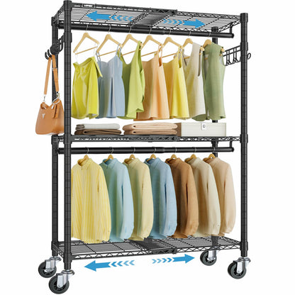 VIPEK R2X Expandable Portable Closet with Lockable Wheels, 600lbs Capacity Heavy Duty Rolling Clothes Rack w/Adjustable Shelves & Hanger Rod (2' to 3'5"), Metal Clothing Rack for Small Spaces (Black)