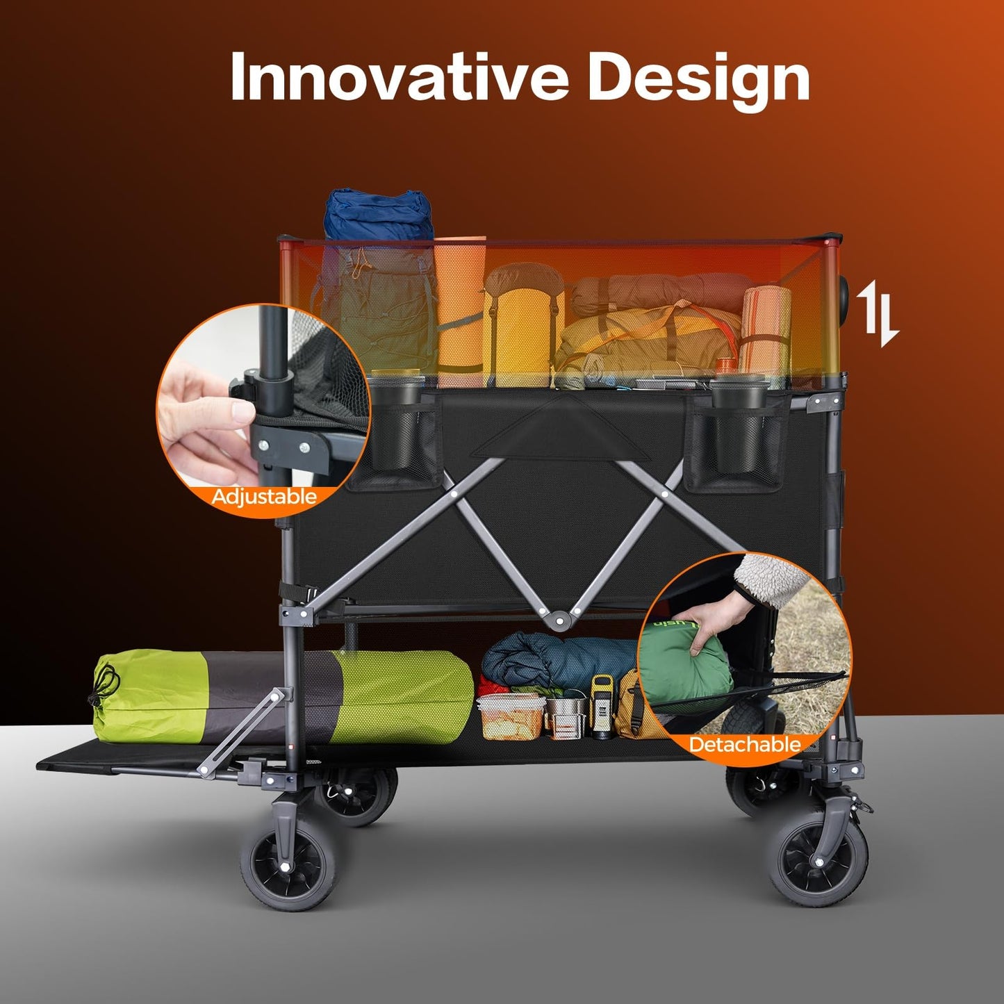 Double Decker Wagon with Retractable Mesh & Tailgate - 560Lbs Load Heavy Duty Foldable Collapsible Wagon Cart with Wheels for Camping, Beach, Groceries, Sports (Black)