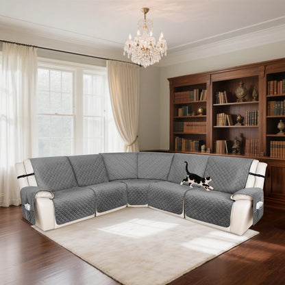 HDCAXKJ 100% Waterproof Recliner Sectional Couch Covers XX-Large L Shaped Corner Reclining Sofa Cover Washable Thick Non Slip Sectional Slipcover with Pockets (XXL 5 Seat Recliner Couch, Grey)