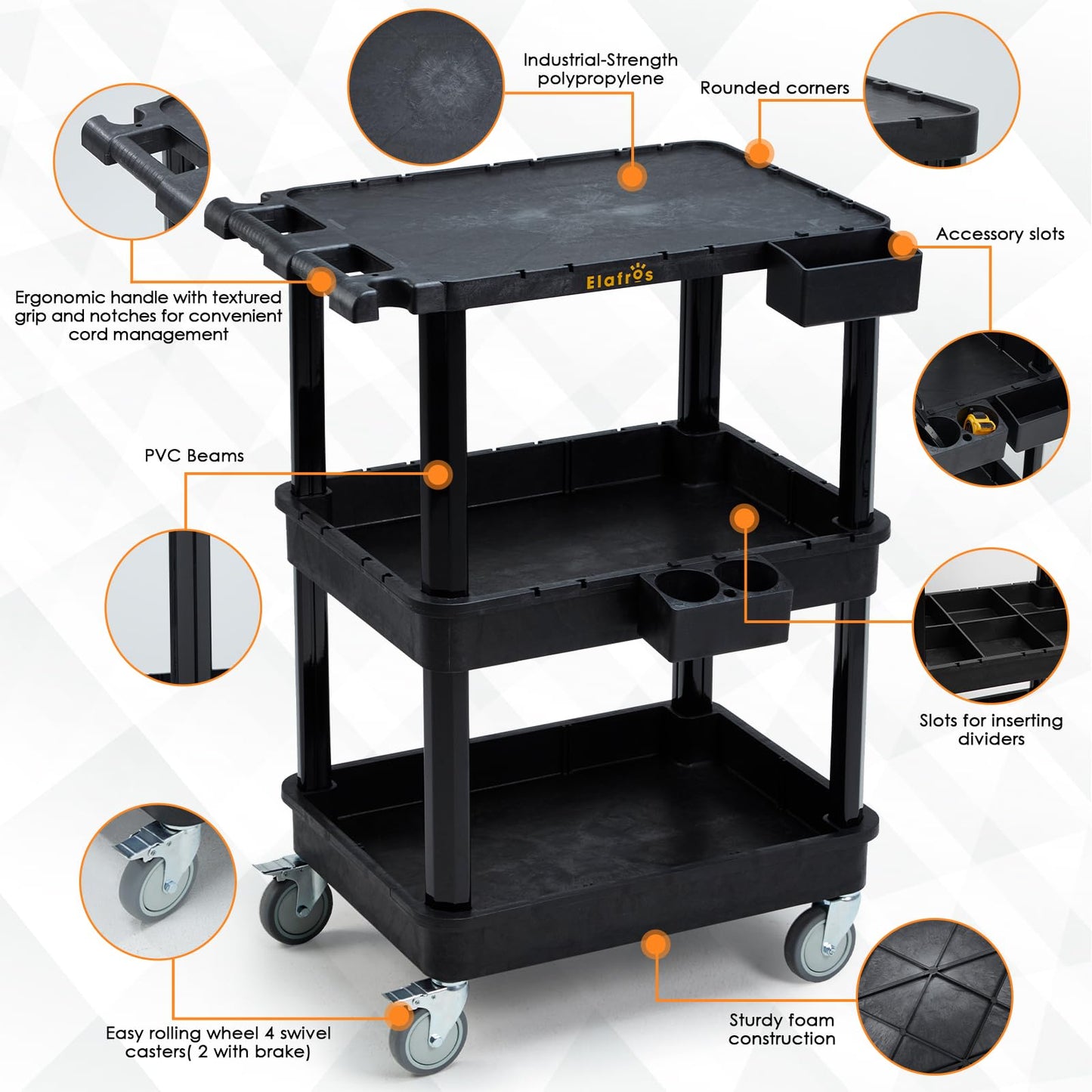 ELAFROS 3-Tier Utility Cart with Flat Top and Deep Shelves, 27.5 x 18.25, Compact Rolling Cart with 4" Wheels, Heavy-Duty Plastic, 330 lbs Capacity for Office, Workshop, Warehouse